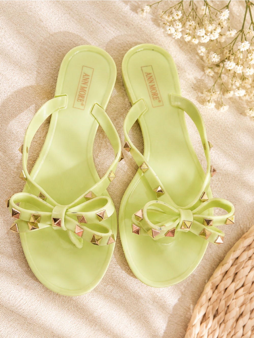 ANN MORE Lime Bow Studded Women's Sandals